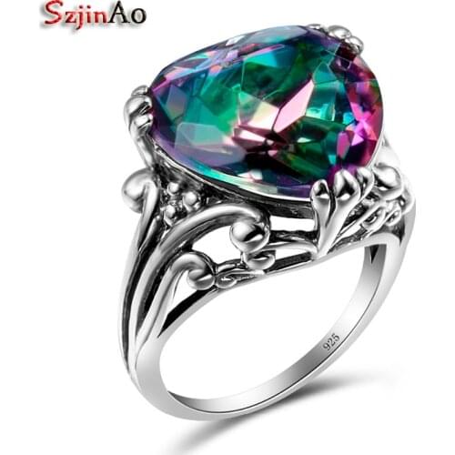 Szjinao Big Heart Of Love Ring AAAAA Mystic Rainbow Topaz sterling-silver-jewelry Vintage Mood Ring for Women For Wedding