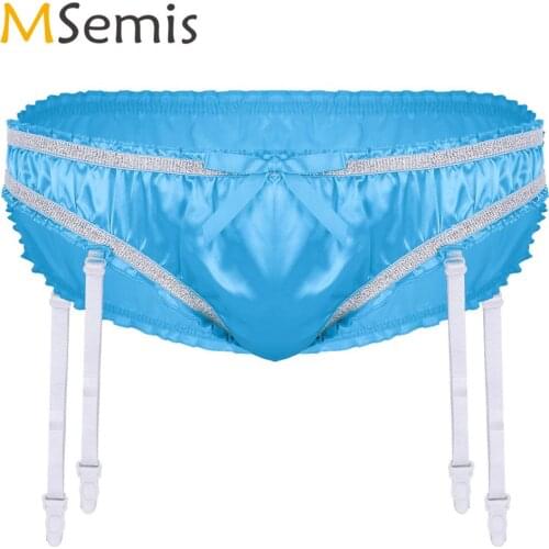 Sexy Men Sissy Panties Wetlook Ruffle Slip Satin Triangle Bikini Briefs Gay Crossdresser Erotic Jockstrap Underwear with Garters