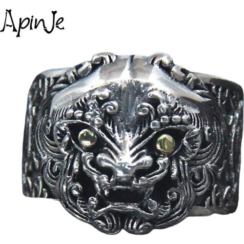 Apinje Vintage Fashion Jewelry 925 Sterling Silver Open Ring for Men Domineering Lion Animal Ring