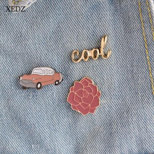 XEDZ 3 pcs/set Rose Flower RED Car "Cool" Women Enamel Brooch Jewelry Fashion Cute Backpack Cothing Brooch Pins Accessories