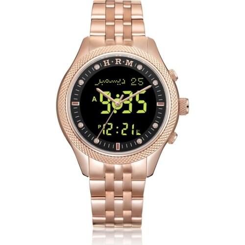 Prayer Watch with Azan Alarm and Auto Qibla Compass for Muslim 33.5mm Dial Stainless Steel Japan Movement Waterproof