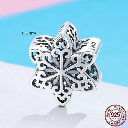 DISINIYA Genuine Sterling Silver 925 Elegant Snowflake pierced Beads Fit Charm Bracelets and Necklace DIY Jewelry Women scc719