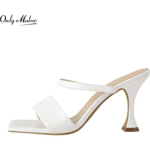 Onlymaker Slip-On Shoes For Women Square Toe Sandals High Heel Matte White Band Summer Kitten Heel Open Toe Slipper