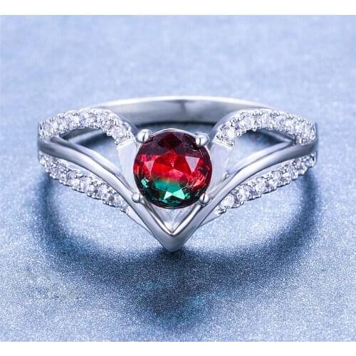Red Green Crystal Rainbow Gradient Zircon Rings For Women Wedding Fashion Jewelry Round Multicolor Stone Ring Engagement Gifts