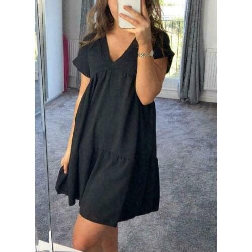 Womens Sexy Cool Dress Summer High Waist V-neck Short Sleeve Solid Dress Outdoor Vacation Loose Soft Beach Dress