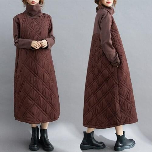 2021 Winter New Loose Oversized Thickened Casual High Collar Fashion Splicing Diamond Lattice Solid Color Dress Ladies Robe e490