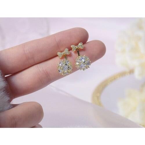 14k Real Gold Plated Fashion Jewelry Micro-inlaid Zircon Bow A Two-wear Diamond Ball Earrings for Woman Shine Daily Stud Earring