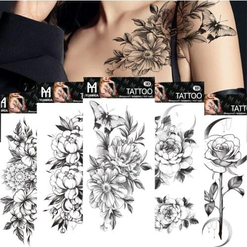 5Pcs Black Rose Flower Fake Temporary Skin Tattoo Body Arm Leg Art Woman Sexy Waterproof Tattoo Sticker Cool Flash 3D Tattoos