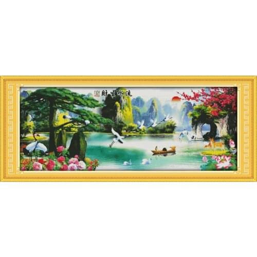Running water brings wealth(4)(wealth) cross stitch kit lanscape garden 14ct 11ct count printed canvas stitching embroidery DIY