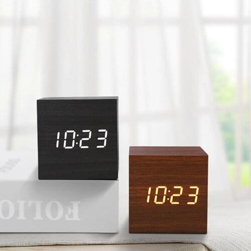 C2 Creativity Alarm Clock digital LED Wooden Watch Temperature Voice Control Digital Wood Snooze Time Desktop Table Clocks