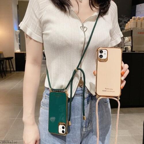 Neck Strap Cord Chain Phone Case For iPhone 11 Pro Max XS X XR 8 7 Plus SE 2020 Case Crossbody Lanyard Glossy Plating Soft Cover