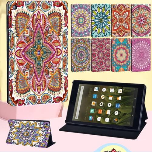 Flip Tablet Case for Amazon Fire 7/HD 8/HD 10 with Alexa - Shockproof Mandala Pattern Cover Case for Amazon Fire HD 8 Plus 2020