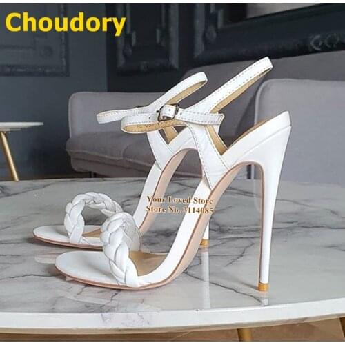 Choudory White Blue Braided High Heel Sandals Buckle Strap Plaited Concise Women Summer Dress Shoes Party Footwear Size47