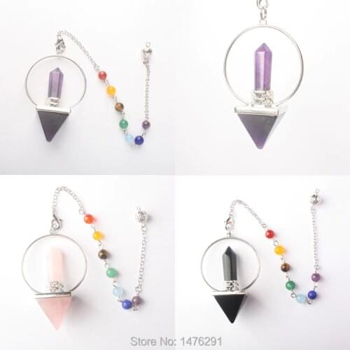 Exotic Natural Amethysts Rose Quartzs Onyx Clear Crystal Faceted Cone Chain Dowsing Healing Chakra Pendulum With Chain 1PCS