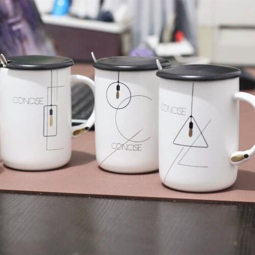 2020 New Nordic Geometric Glass Milk Cup Ceramic Mug Business Couples Water Cup With Cover And Spoon Coffee Mug