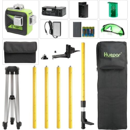 Huepar Green Beam 3D Laser Level with Bluetooth Function Self-Leveling Cross Line USB Charge, Dry & Li-ion Battery & Tripod Sets