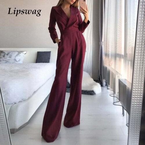 Office Lady Wide Leg Solid Playsuit Overalls Sexy V-Neck Long Sleeve Spring Autumn Turn-Down Collar Elegant Jumpsuits Playsuits