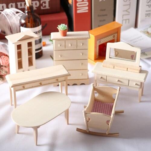 Dollhouse doll house mini solid wood furniture cradle baby bed dining table cupboard small doll house BJD toys