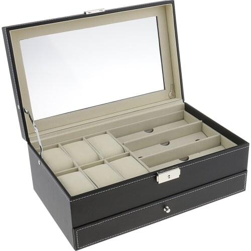 Fashion Glasses Watch Jewelry Storage&Display Case Black PU Leather Total 16 Grids Two Layers