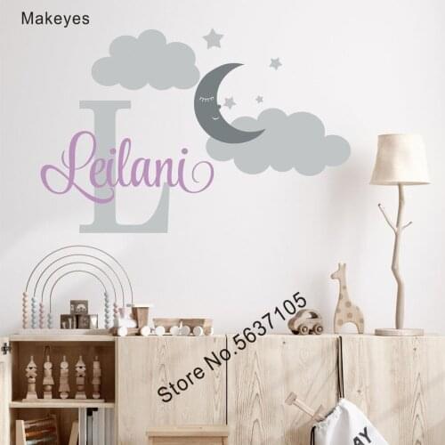 Makeyes Custom Name Wall Decals Home Art Design Wall Sticker Clouds Moon Sweet Wallpaper Home Baby Girls Room Wall Decor Q932