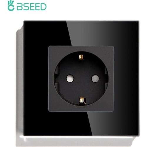 BSEED EU Standard Wall Sockets Single Powerful Outlets Black Double Frame Sockets Glass Panel Triple Sockets Kids Protection 16A
