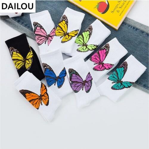 Kawaii Novelty Women Socks Ins Trend Cute Butterfly In Tube Socks Happy Funny Korea Style Sports Cotton Socks Men pop socket