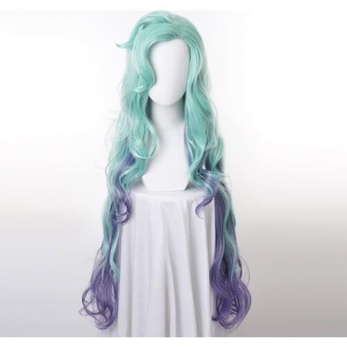 LoL KDA Seraphine Cosplay Wig Women Loose Wavy Long Green Mixed Purple Wigs Heat Resistant Synthetic Hair + Wig Cap