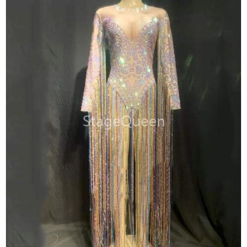 Sexy Colorful Long Fringes Bodysuit Costume Evening Party Long Sleeve Tassels Leotard Birthday Celebrate Stretch Dance Dress