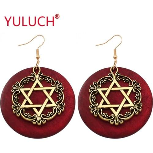 YULUCH 2019 Red Round Wood Hanging Alloy Hexagon Lucky Halo Pendant Earrings for Personality Women Jewelry Wedding Gifts