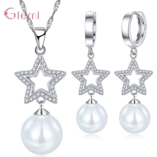 Trendy 925 Sterling Silver Cubic Zircon Star Earrings Pendant Neckalce Women Girl Pearl Drop Earring Gift Fashion Jewelry Sets