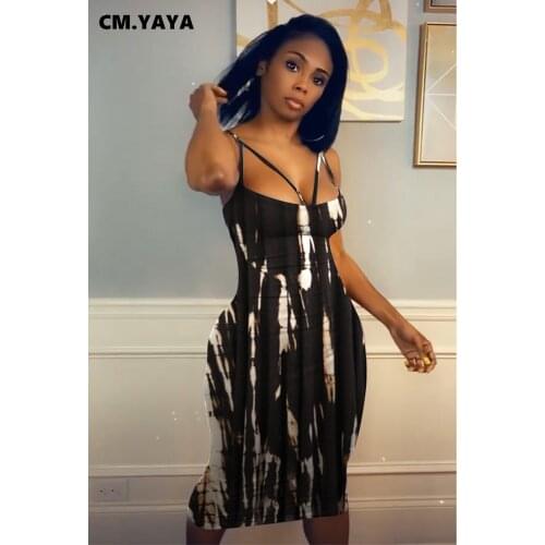 CM.YAYA Tie Dye Women Spaghetti Strap Midi Dresses for Women Beach Sexy Night Party Clubwear Sleeveless Bodycon Pencil Dress