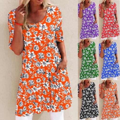 Floral pocket sleeve oversize dress loose casual European Hot Sale and American Womens Summer Casual Above Knee, Mini XL
