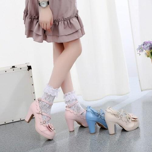 Mori soft sister Lolita Mary Jane shoes japanese high heel vintage lace bowknot bandage kawaii shoes cosplay loli women shoes