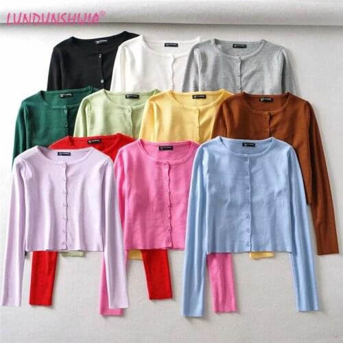LUNDUNSHIJIA 2020 Spring Autumn Cardigan Cropped Tops For Sexy Women Solid Color O-neck Long Sleeve Knitting Cardigans 11 Colors