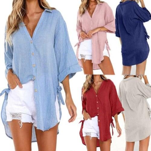 2020 Women Casual Long Sleeve Turn Down Collar Irregular Hem Belt Buttons Loose Shirt Top Female