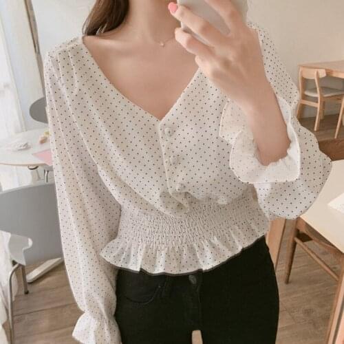 Vintage Shirt V-neck Flare Sleeve Polka Dot Women Blouse Shirts Elegant Slim Waist Ruffles Female Blouse Blusas Buttons 6602