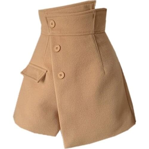 Ins Spring Winter 2021 Women Mini Skirts Shorts Irregular Design PU Short Pants Button Fly Ladies Formal High Waist Woolen Skirt
