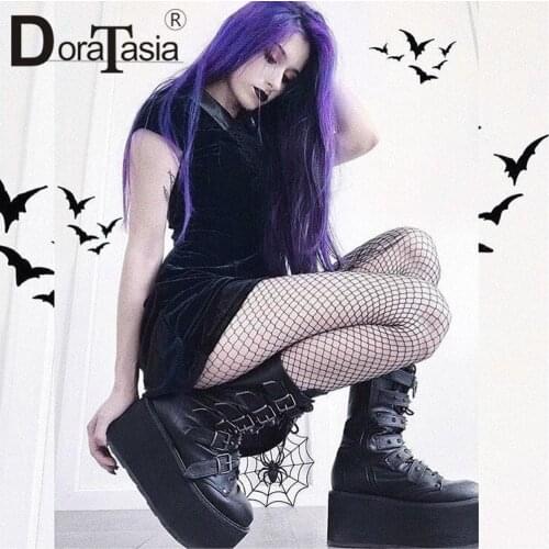 Luxury brand new ladies platform gothic boots fashion punk rivet buckle wedges high heels boots women party cosplay shoes woman