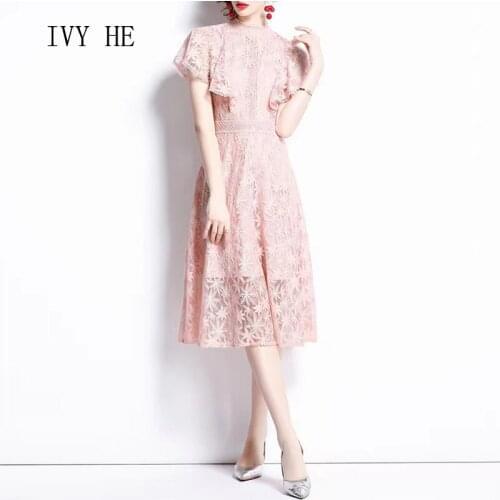 IVY HE High Quality Summer Dress Woman Clothing Sweet Attrac Pink Lace Lotus Sleeve Midi Long Dress Traf Robe ZA Vintage Dresses