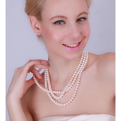 Wedding Woman 3 Rows Necklace 8-9mm bright White pearl necklace rhinestone stud earring natural Freshwater Pearl
