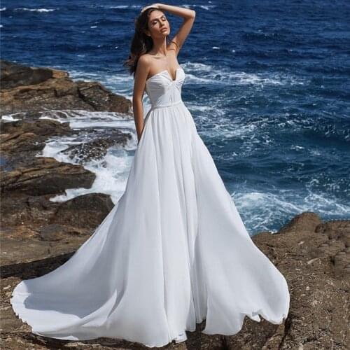 Simple White Cheap Wedding Dress Chiffon Beach Bridal Dresses 2021 Vestido de Noiva A Line Summer Wedding Gowns Boho Pleated