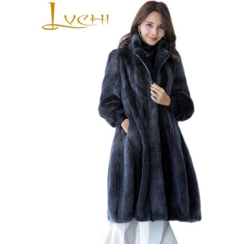 LVCHI Winter 2019 Swan Velvet Long Real Mink Fur Coats Womens Nine Quarter Mandarin Collar Loss X-Long Slim Causal Mink Coats