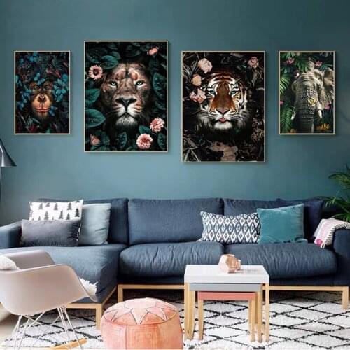 Animals Monkey Tiger Lion Leopard Flower Abstract Posters Prints Nordic Wall Art Canvas Painting Pictures Living Room Home Decor