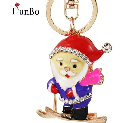 1PC Santa Claus Ski Pendant Keychain Crystal Rhinestone Key Chain Ring Keyfobs Christmas Gift for Bags/Car Keys