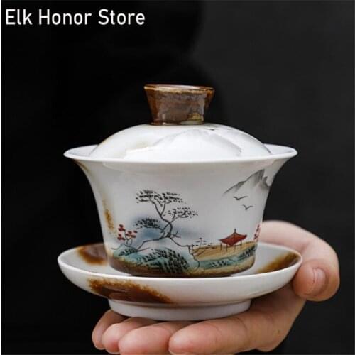 160ml Chinese Handmade Ceramic Gaiwan Teacup Hand Painted Flowers And Birds Pattern Tea Tureen Teaware Accessories Drinkware