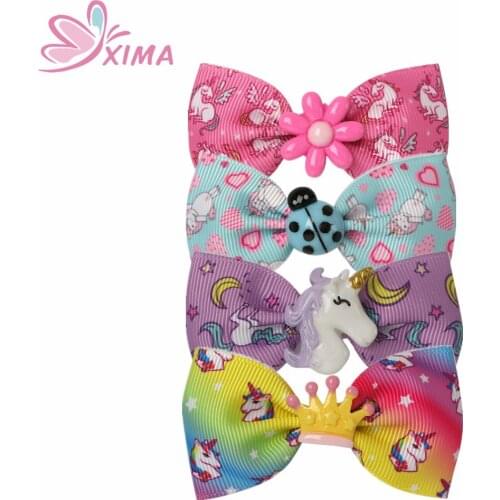 XIMA 2Pieces 3inch Unicorn Print Rainbow Hair Bows Girls Hair Accessories Unicorn Bows Clips for Party Supplies