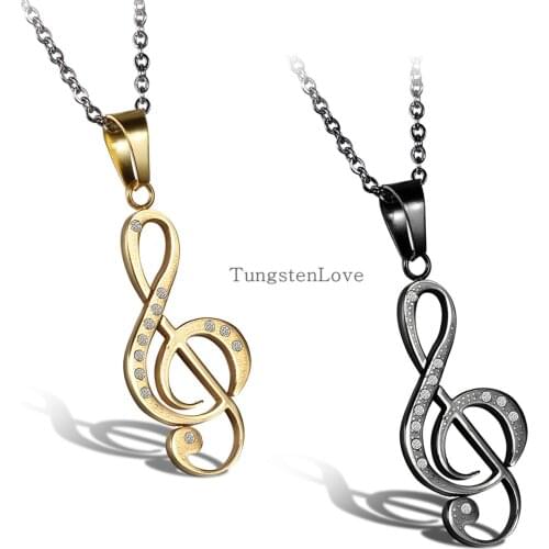 2020 New Gold & Black Stainless Steel G Treble Clef Necklace Music Note Pendant Necklace with Rhinestone Stones For Women Men