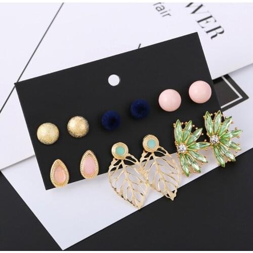 6 Pairs/Set Fashion Gold Leaf Stud Earrings For Women Green Rhinestone Earring Girl Round Ball Pompon Earrings Set Mixed Jewelry
