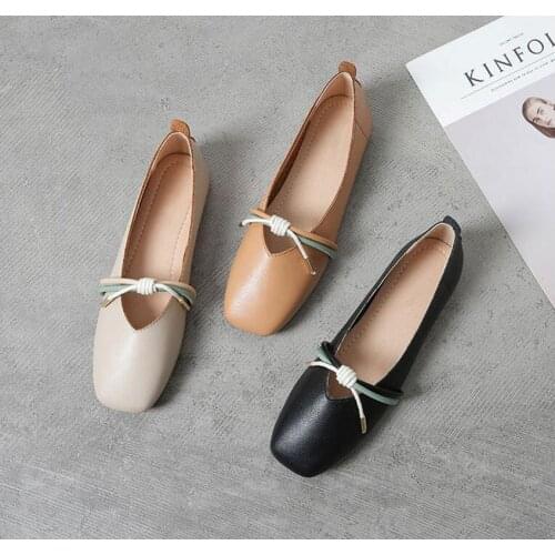 Large size Summer/Spring Ballet Shoes Lady Flat Heel Shoes Bowknot Pu Leather Soft Sole Women Flats Black Square Head Boat Shoes
