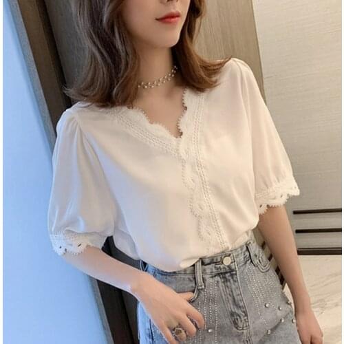 Summer White Lace Blouse Women Short Sleeve V-Neck Shirt Ladies Hollow Out Tops Blusas